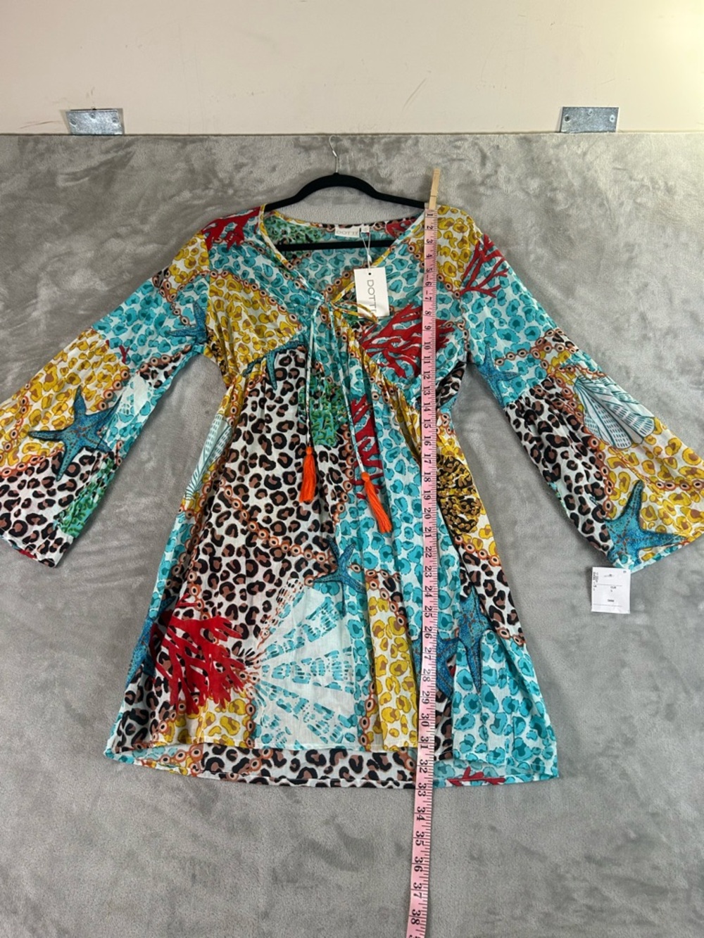 Dotti Aqua and Yellow Mixed-Print V-Neck Tunic with Tassel Tie swim cover - Picture 6 of 11